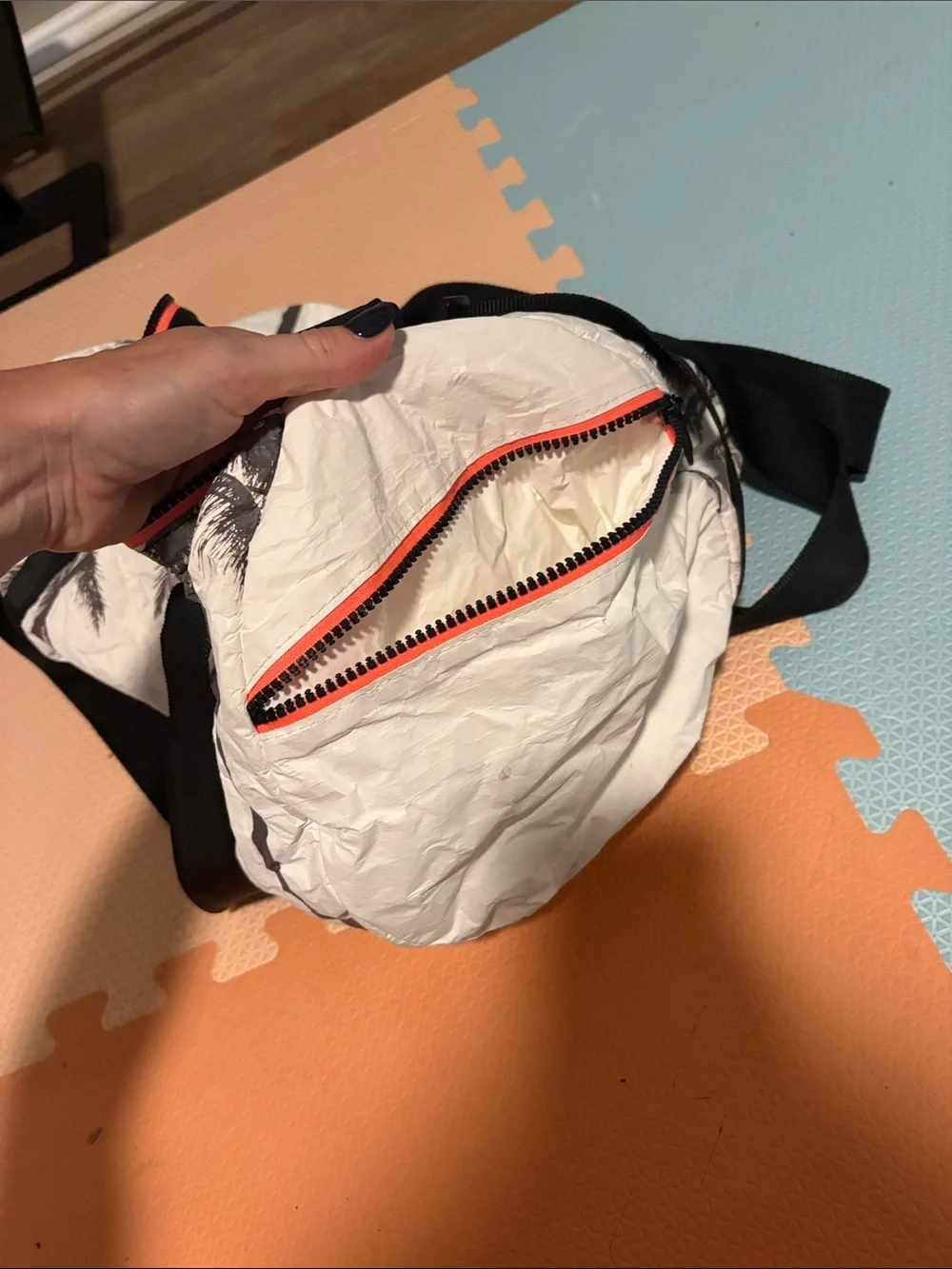 ALOHA Collection Black and White Palm-Print Duffel with Red Zipper